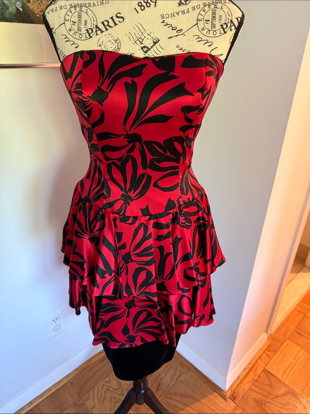 Red and Black Strapless Floral Peplum Dress